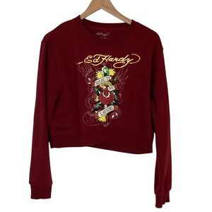 Ed Hardy Women's Maroon Graphic Boxy Crop Sweatshirt Size L True To My Love